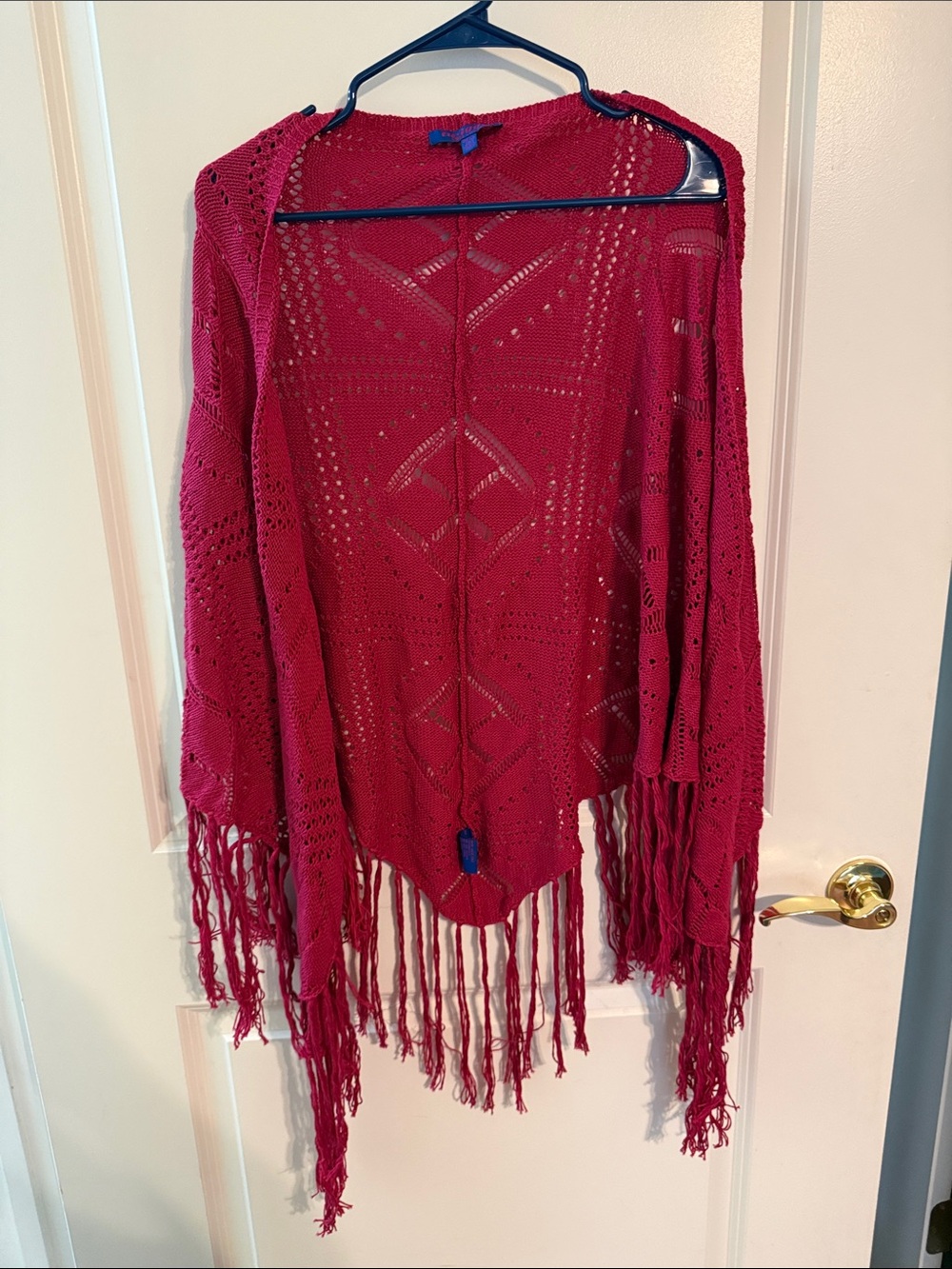 Twiggy London Open-Knit Fringe Shawl Wrap Poncho - magenta pink